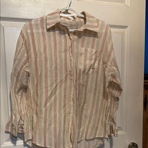 Casual Beige and White Striped Women's Shirt and Shorts